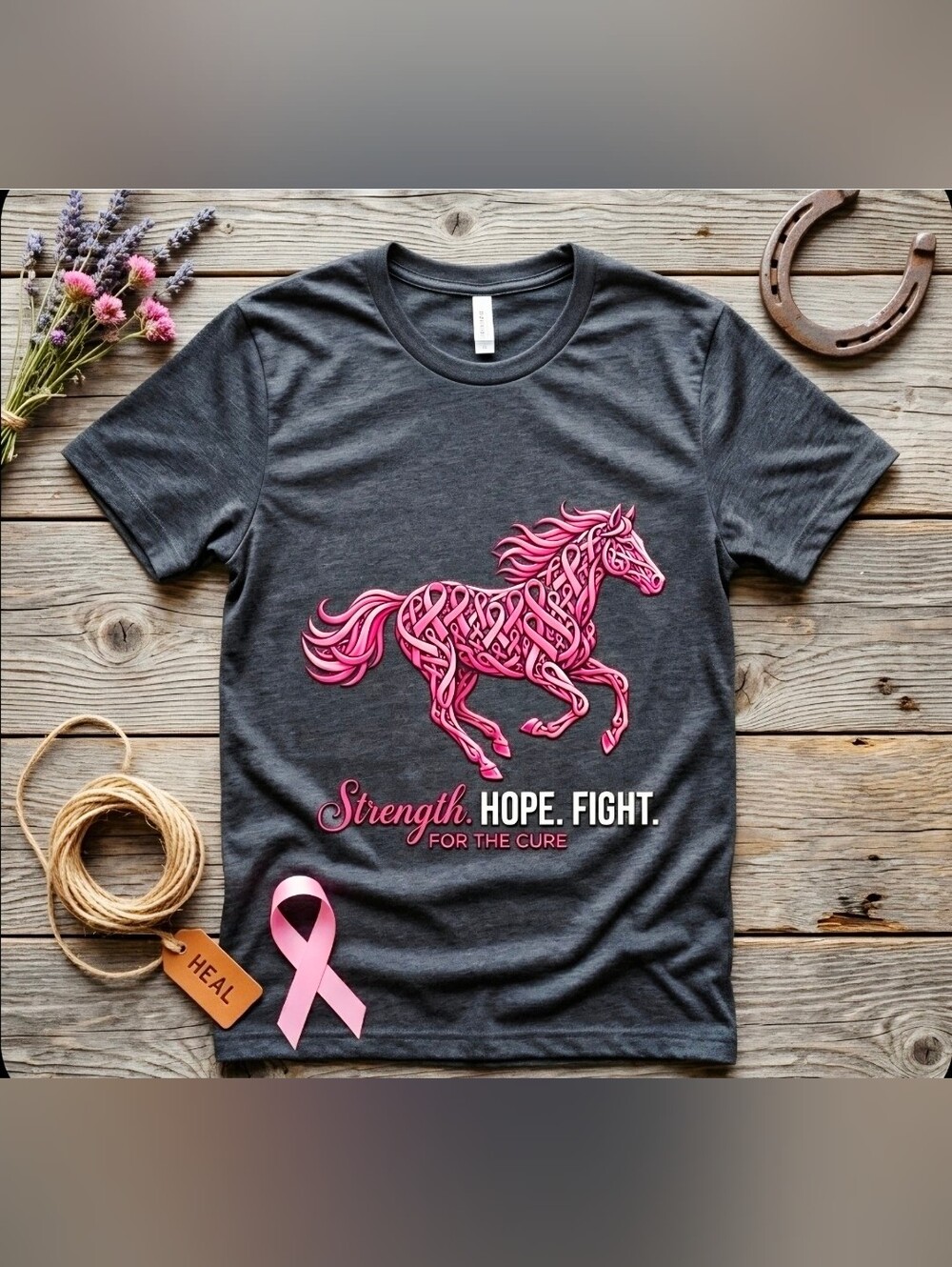 Breast Cancer Awareness Horse Tee Pink Ribbon Strength Hope Fight Graphic Shirt